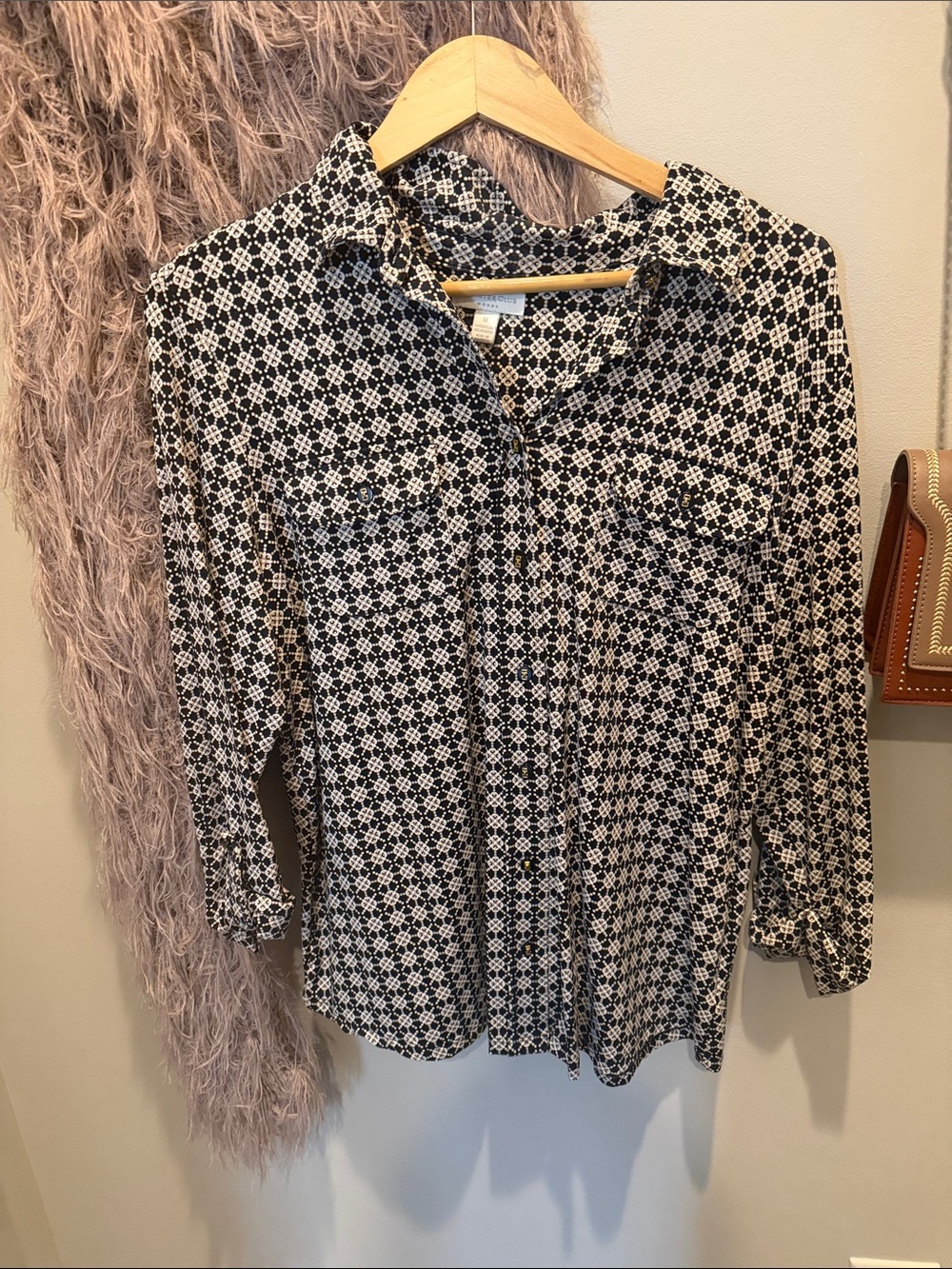 Charter Club Black and White Geometric Button-Down Shirt